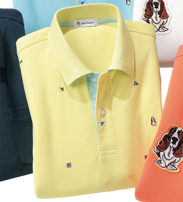 「＜ハッシュパピー＞ワッペン付配色ポロシャツ（メンズポロシャツ）」｜イエロー(トビ柄)