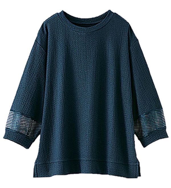 BELLUNA（ベルーナ）の「ジャカード素材袖メッシュレースプルオーバー（カットソー）」｜ネイビー