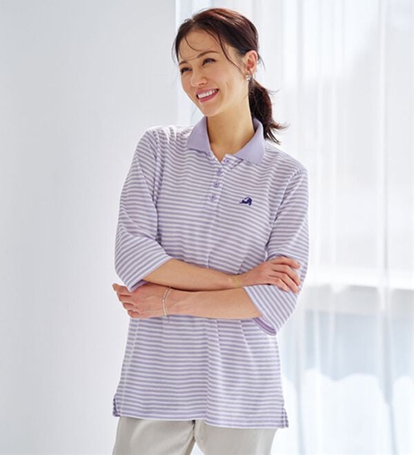 BELLUNA（ベルーナ）の「【多機能満載！】綿混素材かのこデザイン7分袖ポロシャツ（ポロシャツ）」｜ラベンダー&times;白