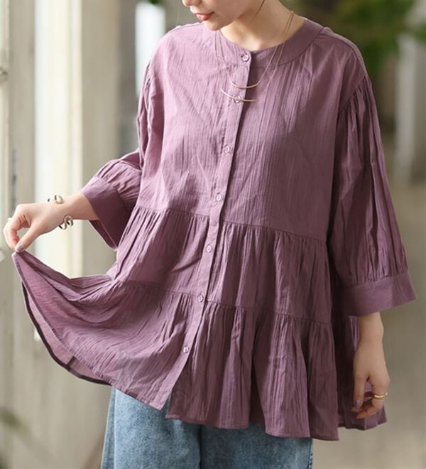 A HAPPY MARILYN（アハッピーマリリン）の「【Ｌ～６Ｌ】【風通るプレミアム】綿・楊柳七分袖ティアードブラウス（ブラウス）」｜プラム