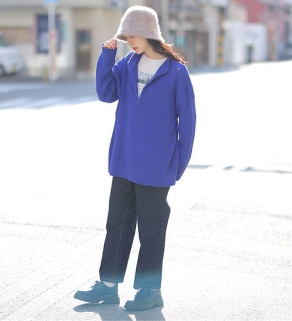 「【Ｌ～６Ｌ】配色＆同色ファスナーから選べる 畦編みハーフジップニット（ニット・セーター）」｜詳細画像