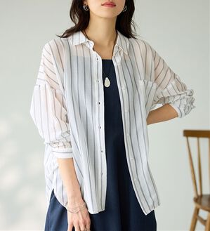 BELLUNA（ベルーナ）の「【接触冷感】透け感バックシャーリングシャツ（シャツ）」｜オフ白系ストライプ