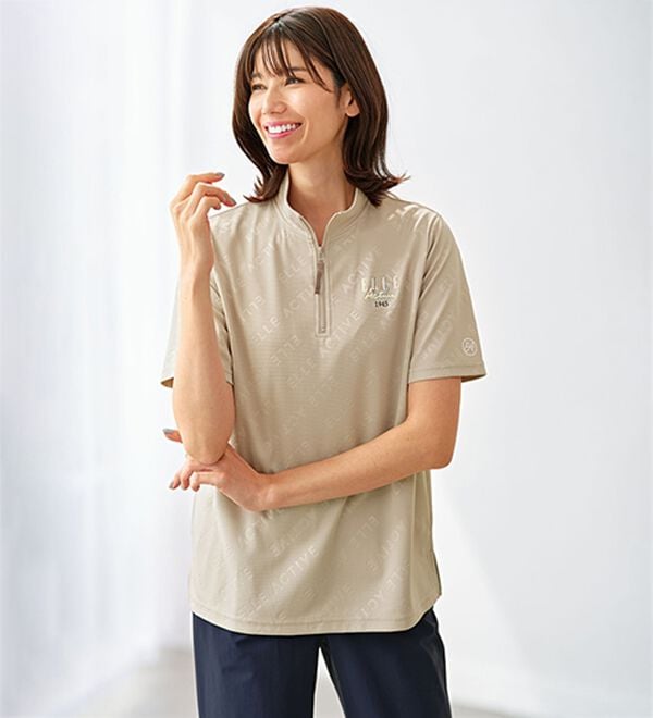 BELLUNA（ベルーナ）の「＜ＥＬＬＥ　Ａｃｔｉｖｅ＞総柄ハーフジッププルオーバー（カットソー）」｜グレージュ