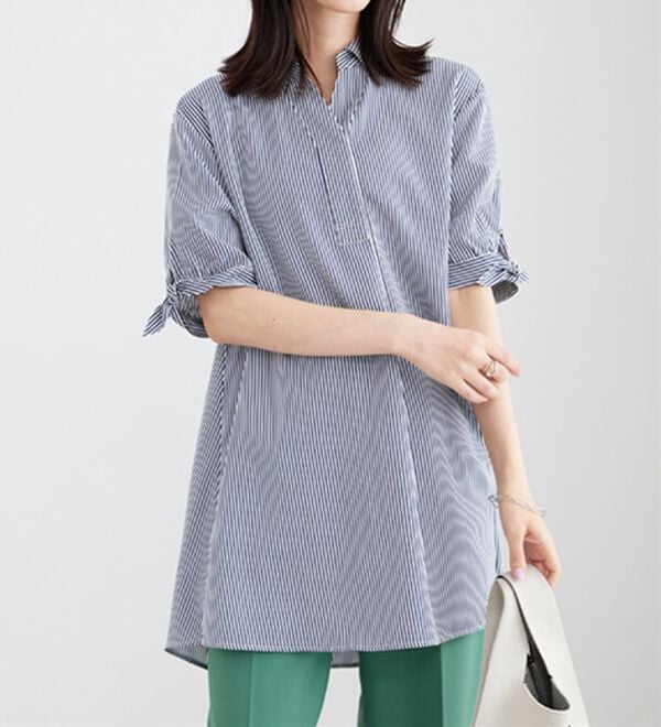 BELLUNA（ベルーナ）の「【接触冷感】麻調素材袖リボン使いシャツチュニック（チュニック）」｜詳細画像