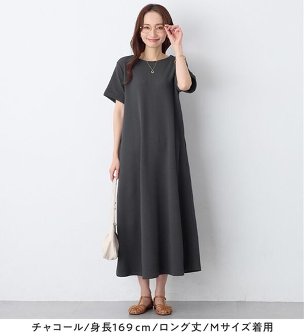「ひんやり＆シワになりにくい　丈が選べる！エンボス素材Ａラインワンピース（カットソーワンピース）」｜詳細画像