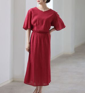 A HAPPY MARILYN（アハッピーマリリン）の「【Ｌ～６Ｌ】フレア袖ウエスト楽ちんワンピース【風通るプレミアム】（カットソーワンピース）」｜レッド