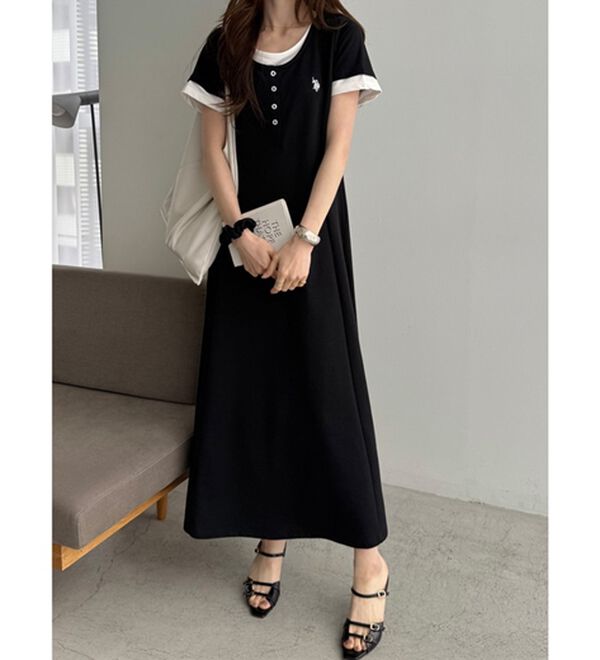 GeeRA（ジーラ）の「【ＵＳ．ＰＯＬＯ．ＡＳＳＮ】レイヤード風ヘンリーネック半袖ワンピース（カットソーワンピース）」｜詳細画像