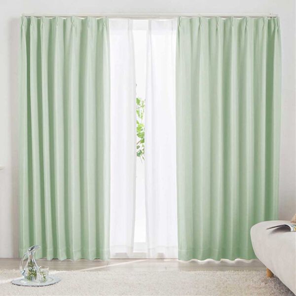 iellio（イエリオ）の「１・２級遮光＆断熱保温＆ＵＶ見えにくいレース付カーテンセット＜４枚組・遮光１級・洗える・無地＞（ドレープカーテン）」｜ミストグリーン（Ｎｕｖｉｅ）