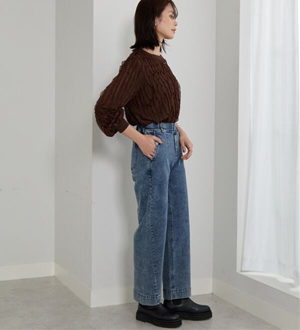 BELLUNA（ベルーナ）の「【選べる2丈】裾切替デザインワイドストレートデニム（ワイドパンツ・ガウチョ）」｜詳細画像