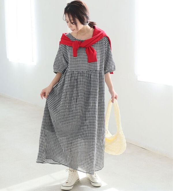 A HAPPY MARILYN（アハッピーマリリン）の「【Ｌ～６Ｌ】【風通るプレミアム】綿・楊柳、五分袖ウエスト切替ワンピース。（ロングワンピース）」｜詳細画像