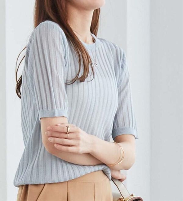 RANAN（ラナン）の「5分袖シアーラメリブニット（ニット・セーター）」｜詳細画像