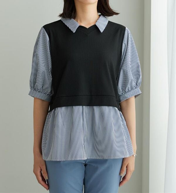 BELLUNA（ベルーナ）の「衿付きVネック異素材切替チュニック（チュニック）」｜詳細画像