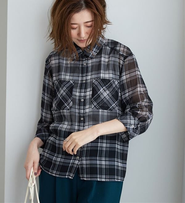 BELLUNA（ベルーナ）の「シフォン楊柳チェック柄プリントシャツ（シャツ）」｜詳細画像