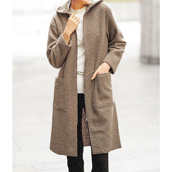 春コート フード パーカー コーディガン グレージュ ダブルフェイス 素敵 総針編み・フード付きコーディガン/40代50代からのレディース