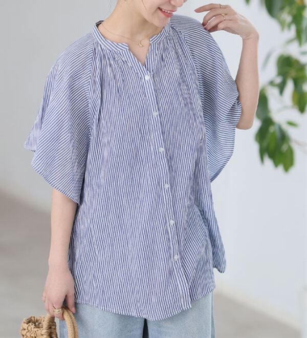 A HAPPY MARILYN（アハッピーマリリン）の「【Ｌ～６Ｌ】【風通るプレミアム】フレアスリーブワイドブラウス（ブラウス）」｜ネイビーストライプ