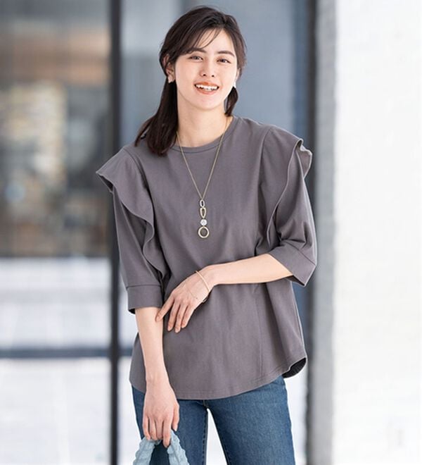 ルフラン（ルフラン）の「ちょい洒落＊７分袖ラッフルショルダーＴシャツ（カットソー）」｜詳細画像