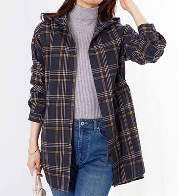 BELLUNA（ベルーナ）の「フード付チェック柄チュニックパーカー（パーカー）」｜詳細画像