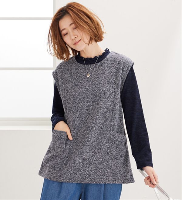 BELLUNA（ベルーナ）の「【2点セット】ブークレ素材ポケットデザインアンサンブル（アンサンブル）」｜ネイビー&times;ネイビー