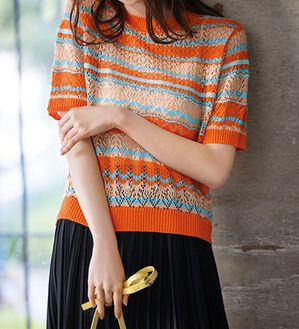 RANAN（ラナン）の「マルチボーダーサマーニット（ニット・セーター）」｜オレンジ系