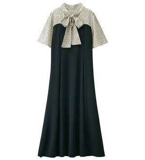 RANAN（ラナン）の「ボウタイデザインドッキングフレアー袖ワンピース（ドッキングワンピース）」｜ブラック系(ドット柄)