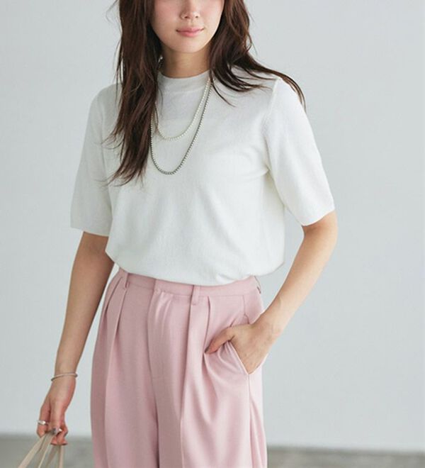 Pierrot（ピエロ）の「【洗濯機で洗える】【ＵＶカット】シルクタッチ半袖ニット（ニット・セーター）」｜詳細画像