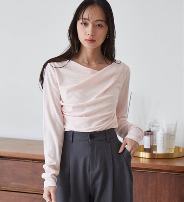 RANAN（ラナン）の「【春色追加】上品ドレープリブロングＴシャツ（カットソー）」｜詳細画像