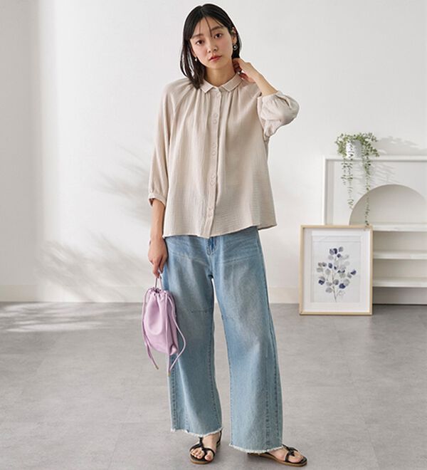 BELLUNA（ベルーナ）の「《ＨｕｇＲｅａｍコットン》ダブルガーゼギャザーブラウス（ブラウス）」｜詳細画像