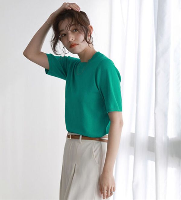 Pierrot（ピエロ）の「【洗濯機で洗える】【ＵＶカット】シルクタッチ半袖ニット（ニット・セーター）」｜詳細画像