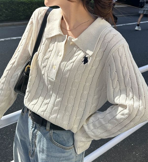 RANAN（ラナン）の「＜U.S.POLO ASSN.＞刺繍長袖ケーブルポロニット（ニット・セーター）」｜アイボリー