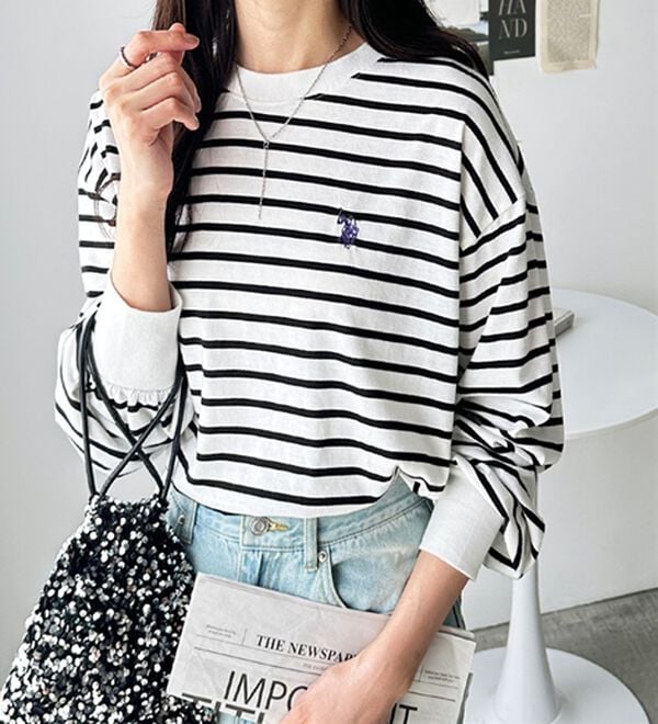 GeeRA（ジーラ）の「【Ｕ．Ｓ．　ＰＯＬＯ　ＡＳＳＮ．】配色ラインロンＴ（カットソー）」｜白系ボーダー