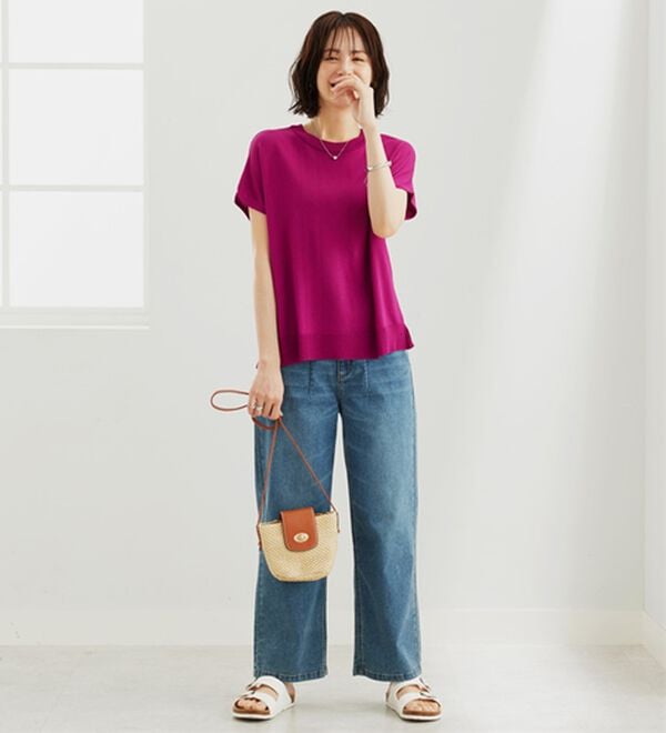 BELLUNA（ベルーナ）の「【快適Ｌａｂ．】シャリ冷！洗える多機能フレンチ袖ニットＴシャツ（ニット・セーター）」｜詳細画像