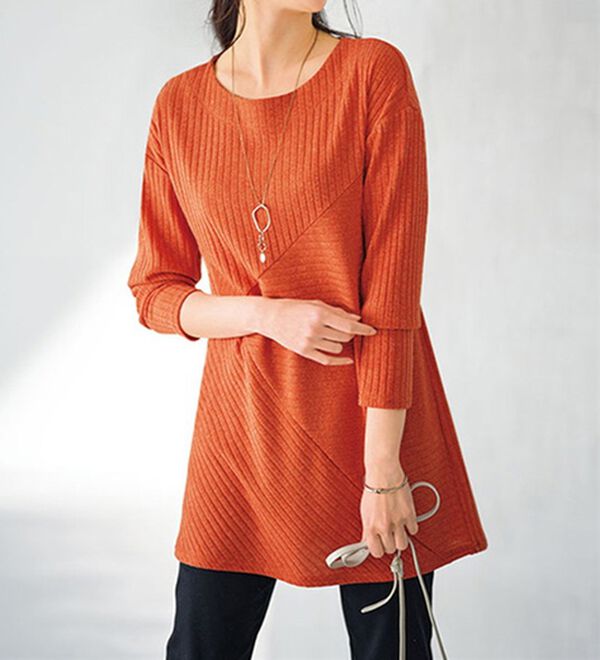 BELLUNA（ベルーナ）の「杢調テレコ素材切替デザインチュニック（チュニック）」｜マーガレットオレンジ