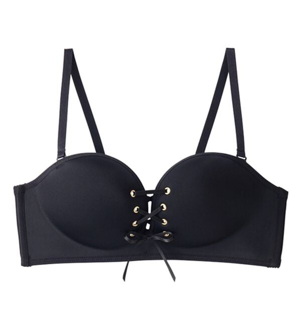 YU'NOW（ユナウ）の「＜ノンワイヤー＞＜２ＷＡＹストラップ＞谷間メイクのレースアップチューブブラ（ブラジャー）」｜ブラック