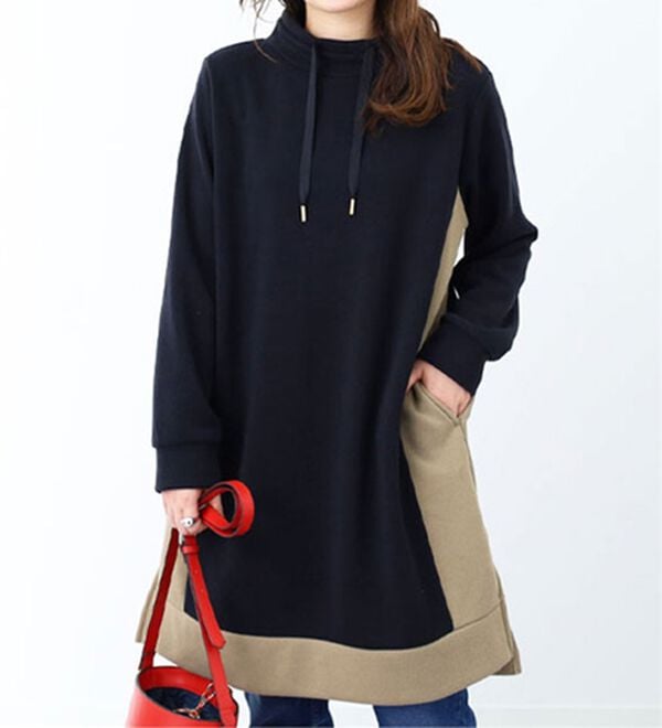 BELLUNA（ベルーナ）の「配色デザインワイドネックワンピース（ドッキングワンピース）」｜黒系