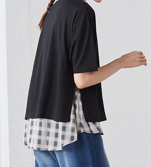 RANAN（ラナン）の「チェック柄異素材使いTシャツ（カットソー）」｜ブラック系(グレー)