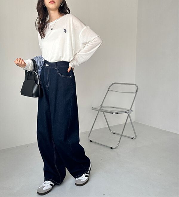 GeeRA（ジーラ）の「美脚見え！２ボタンウエストワイドデニムパンツ（フルレングスパンツ）」｜詳細画像