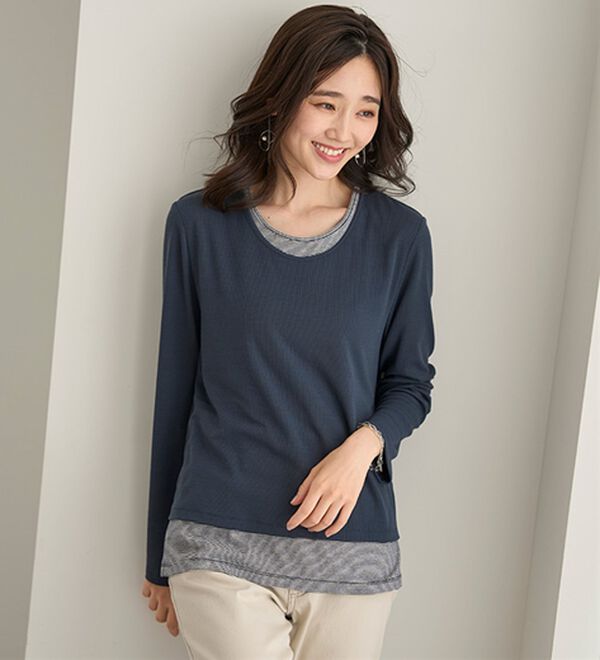 BELLUNA（ベルーナ）の「ボーダーレイヤード風デザインプルオーバー（カットソー）」｜詳細画像