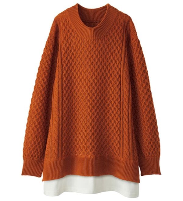 BELLUNA（ベルーナ）の「１枚でコーデが完成！重ね着風プルオーバー（ニット・セーター）」｜オレンジ系