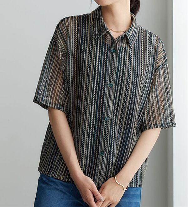 BELLUNA（ベルーナ）の「ラッセル素材マルチストライプシャツ（シャツ）」｜詳細画像