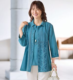 BELLUNA（ベルーナ）の「綿１００％洗い加工刺しゅう切替アンサンブル（ブラウス）」｜ブルー系