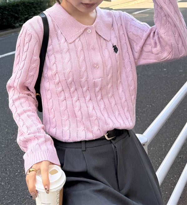 RANAN（ラナン）の「＜Ｕ．Ｓ．Ｐ＞刺繍長袖ケーブルポロニット（ニット・セーター）」｜ピンク