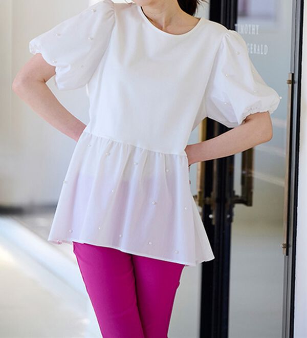 RANAN（ラナン）の「ひんやり！パール調ビーズ使いボリューム袖プルオーバー（カットソー）」｜詳細画像