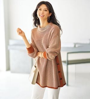 BELLUNA（ベルーナ）の「ボタン使いストライプジャカード切替ニットチュニック（チュニック）」｜テラコッタ