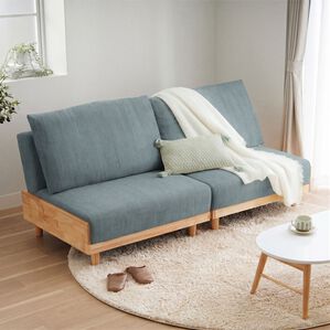 iellio（イエリオ）の「木飾り付ソファベッド＜ソファーベッド、３人掛け、２人掛け、１人掛け、肘なし＞（ソファ）」｜ブルーグレー（はっ水機能付）