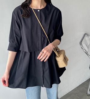 GeeRA（ジーラ）の「【華奢見え】羽織にもなる！ペプラムシャツチュニック（チュニック）」｜ブラック