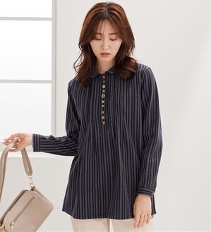 BELLUNA（ベルーナ）の「【ふわふわ裏ファー】パチパチしにくい裏ファーオーバーブラウス（ブラウス）」｜ストライプ