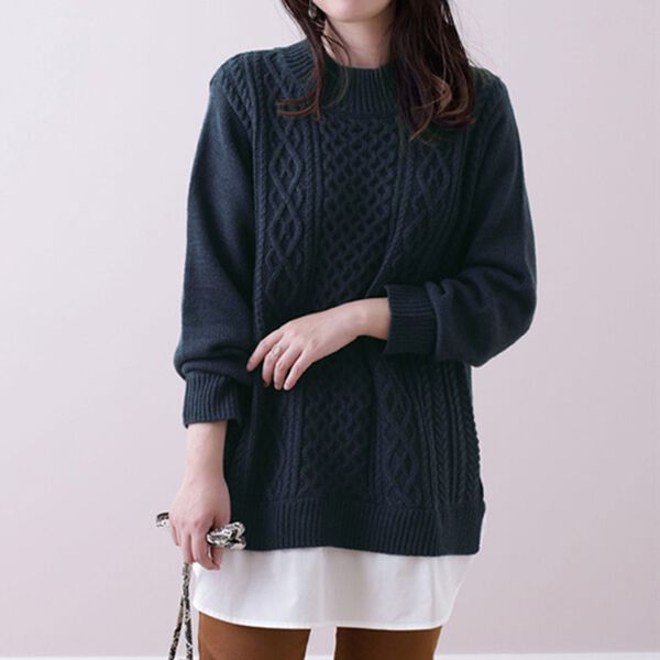 BELLUNA（ベルーナ）の「ケーブル柄布帛切替チュニック（チュニック）」｜ネイビー