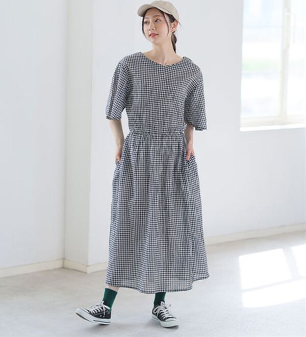 A HAPPY MARILYN（アハッピーマリリン）の「風通る 綿 楊柳 フレア袖 ウエストゴム ワンピース（カットソーワンピース）」｜詳細画像