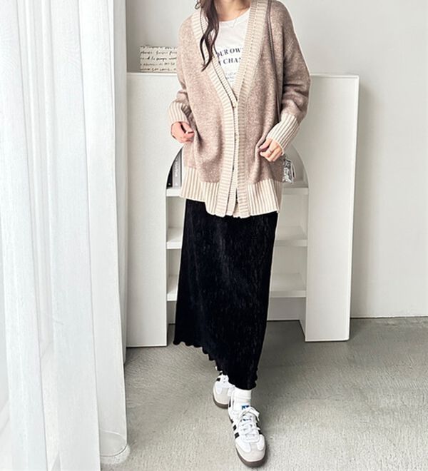 GeeRA（ジーラ）の「ウールライク配色Ｖネックカーディガン（ニットカーディガン）」｜詳細画像