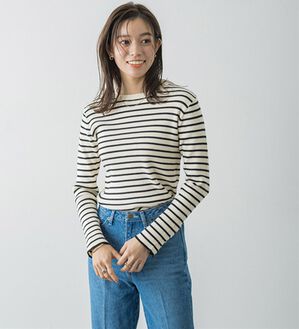 Pierrot（ピエロ）の「【選べるネック】もっちり袖パールニット（ニット・セーター）」｜アイボリー／ブラック